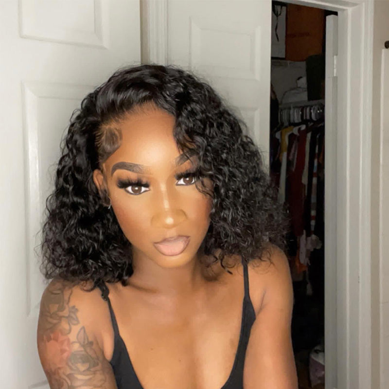 Showcasing the 13x6 hd lace water wave bob wig in black color, perfect for versatile hairstyles and an effortless fashionable look.