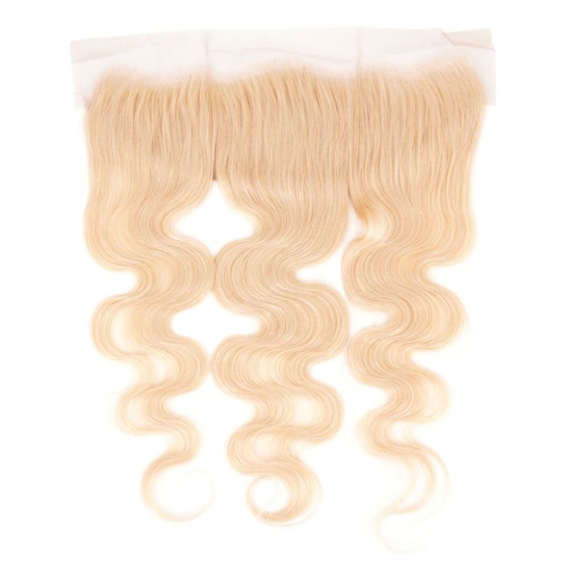 Blonde Body Wave 13x4 Transparent Lace Human Hair Frontal by LUSSOBYSB features soft waves and a natural scalp-like blend, perfect for glamorous hairstyles.