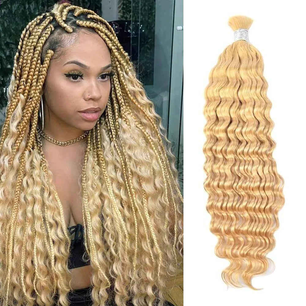 613 Blonde Deep Wave Bulk Hair For Boho Styles Braiding, showcasing beautiful 613 blonde hair bulk perfect for stylish braiding.
