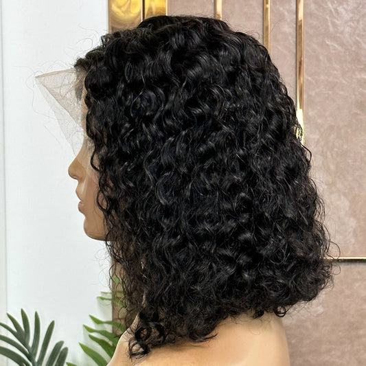 Model wearing the 13x6 hd lace water wave bob wig, highlighting its beautiful waves and seamless blend for a realistic look.
