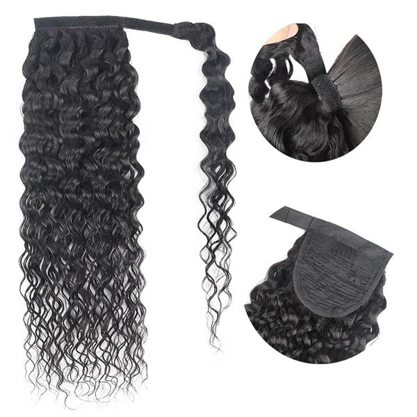 100% Raw Human Hair Ponytail Curly Hair - Easy Install styled elegantly on a model, demonstrating the benefits of using raw human hair ponytail for a natural look on straight hair.