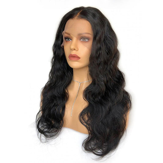 Stylish mannequin displaying the 13x6 Body Wave HD Lace Frontal Human Hair Wig by LUSSOBYSB, highlighting its gorgeous body wave texture and realistic appearance.