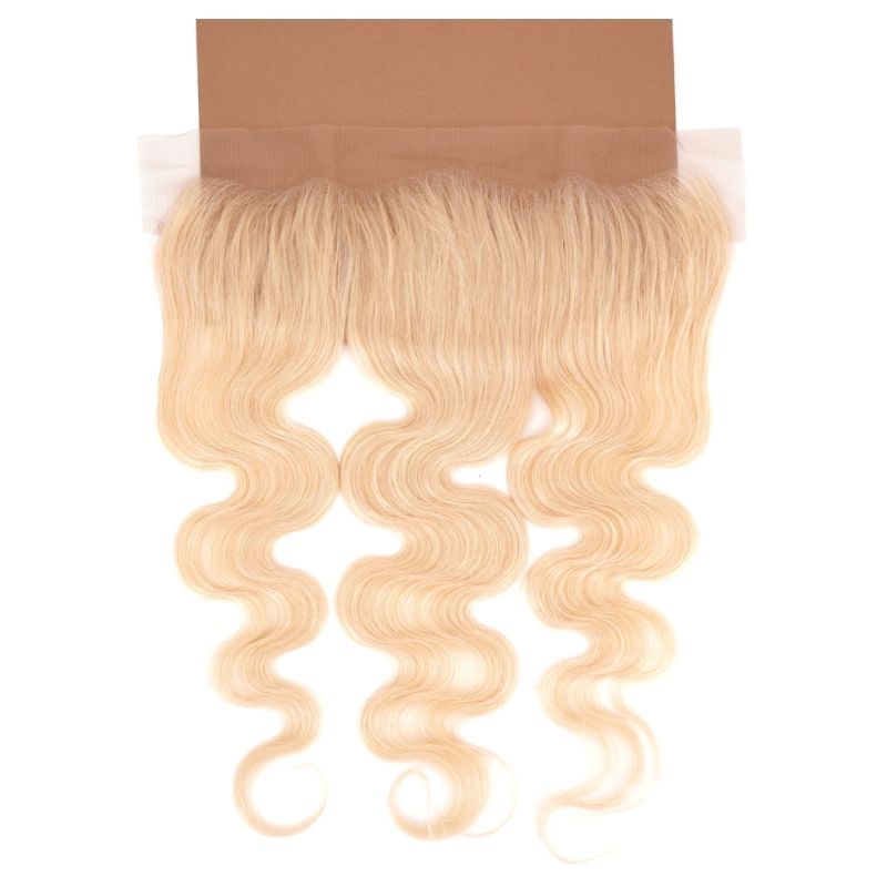 LUSSOBYSB presents the Blonde Body Wave 13x4 Transparent Lace Human Hair Frontal, designed for a flawless finish with its striking blonde color and wavy texture.