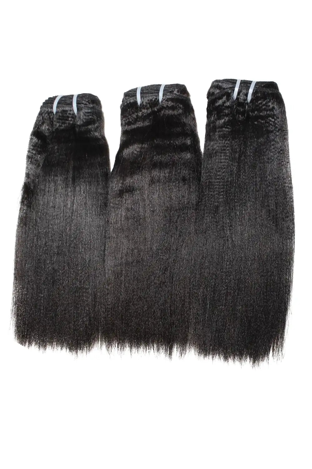 Display of LUSSOBYSB Raw Single Donor Yaki Straight Hair bundles showing the texture and quality of the hair. A best seller in the category of kinky straight bundles and light yaki raw hair, with options for light yaki raw hair bundles.