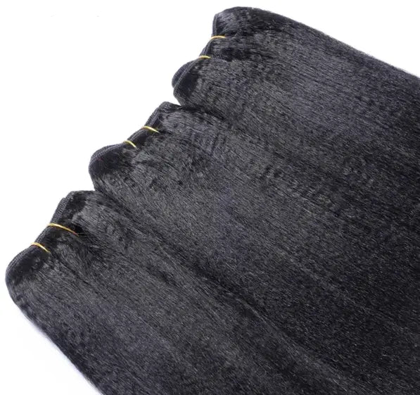 Close-up of LUSSOBYSB Raw Single Donor Yaki Straight Hair bundles, highlighting the quality of 100% single donor hair. Best seller for light yaki, light yaki raw hair, and light yaki raw hair bundles, perfect for long-lasting hairstyles.