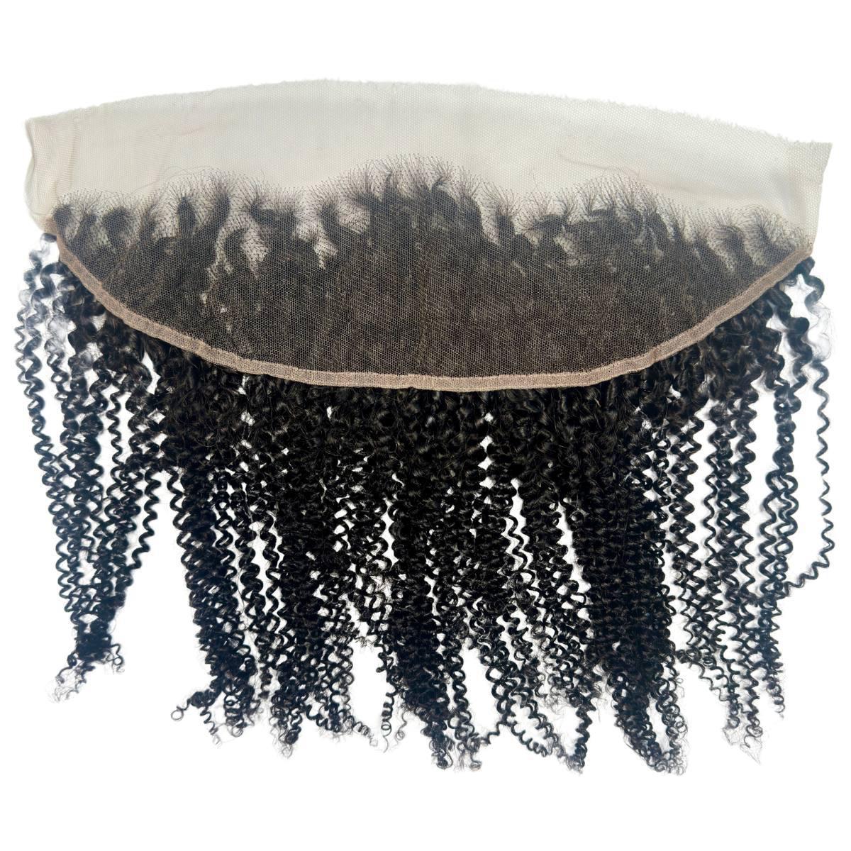 Close-up of Afro Kinky 13x4 HD Lace Human Hair Frontal demonstrating the undetectable hairline and flexible parting, ideal for achieving stunning styles with afro kinky lace frontal.