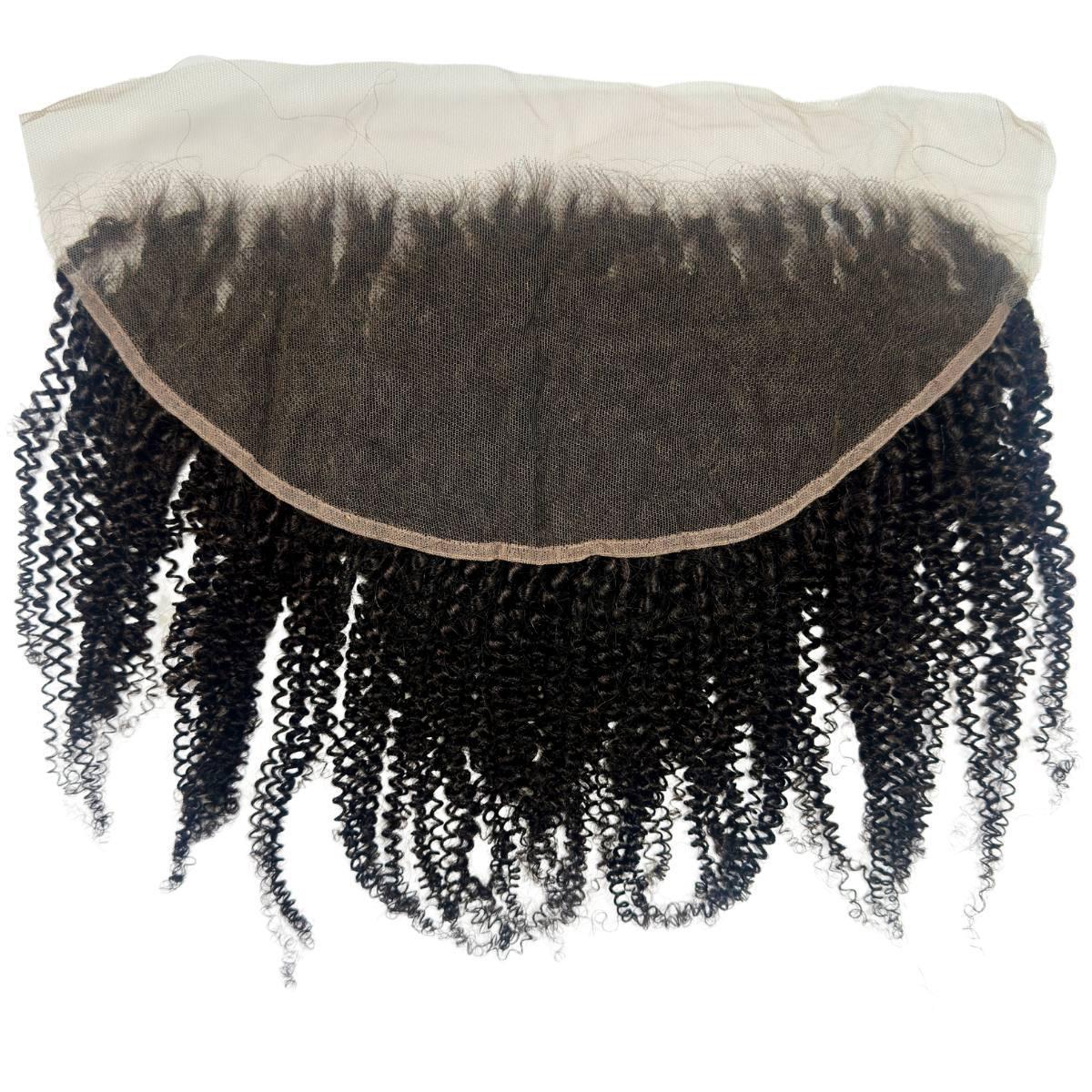 Detailed view of an Afro Kinky Lace Frontal 13x6 HD Lace by LUSSOBYSB, featuring a beautiful blend of curls for versatile styling options.