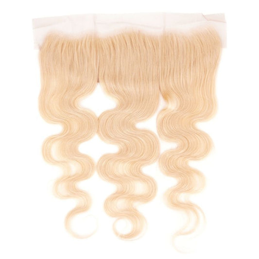 Blonde Body Wave 13x4 Transparent Lace Human Hair Frontal by LUSSOBYSB features soft waves and a natural scalp-like blend, perfect for glamorous hairstyles.
