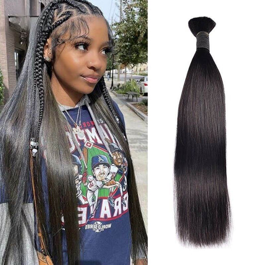 Close-up of 12A Mink Hair Straight Hair Bulk Hair for Braiding showing its smooth texture and natural black color.