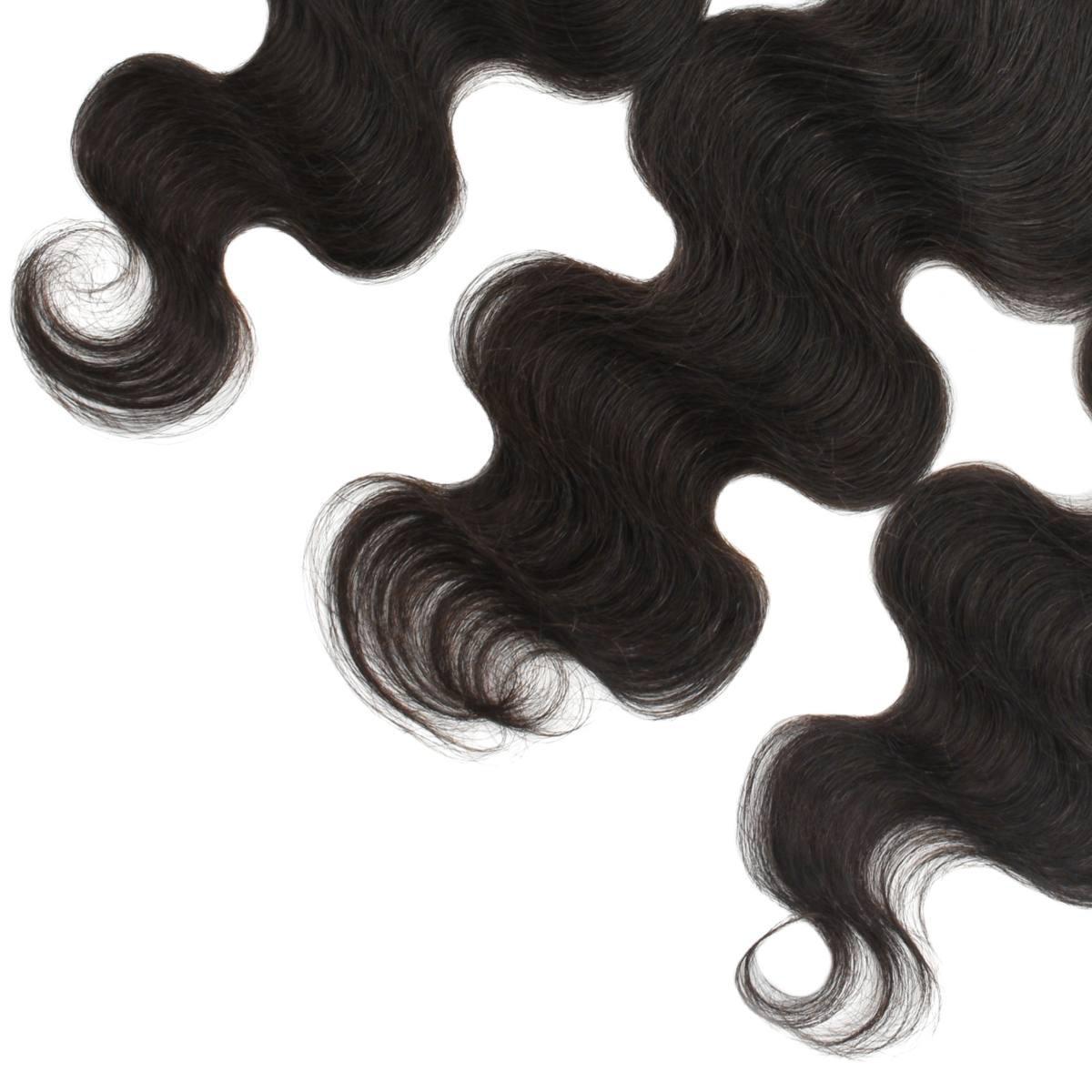 Detail of the Premium Body Wave 13x4 HD Lace Human Hair Frontal by LUSSOBYSB showing the beautiful soft curls that add volume, perfect for any elegant hairstyle. A must-have for Frontals, WEAVE, and 13x4 HD Lace Frontal enthusiasts.