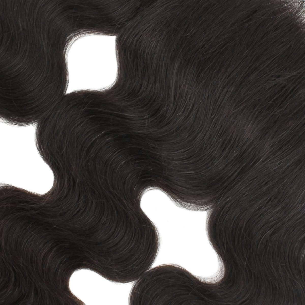 Close-up of the luxurious texture of the Premium Body Wave 13x4 HD Lace Human Hair Frontal by LUSSOBYSB, emphasizing its stunning wave pattern that enhances any look. Designed for versatility in Frontals, WEAVE, and 13x4 HD Lace Frontal applications.