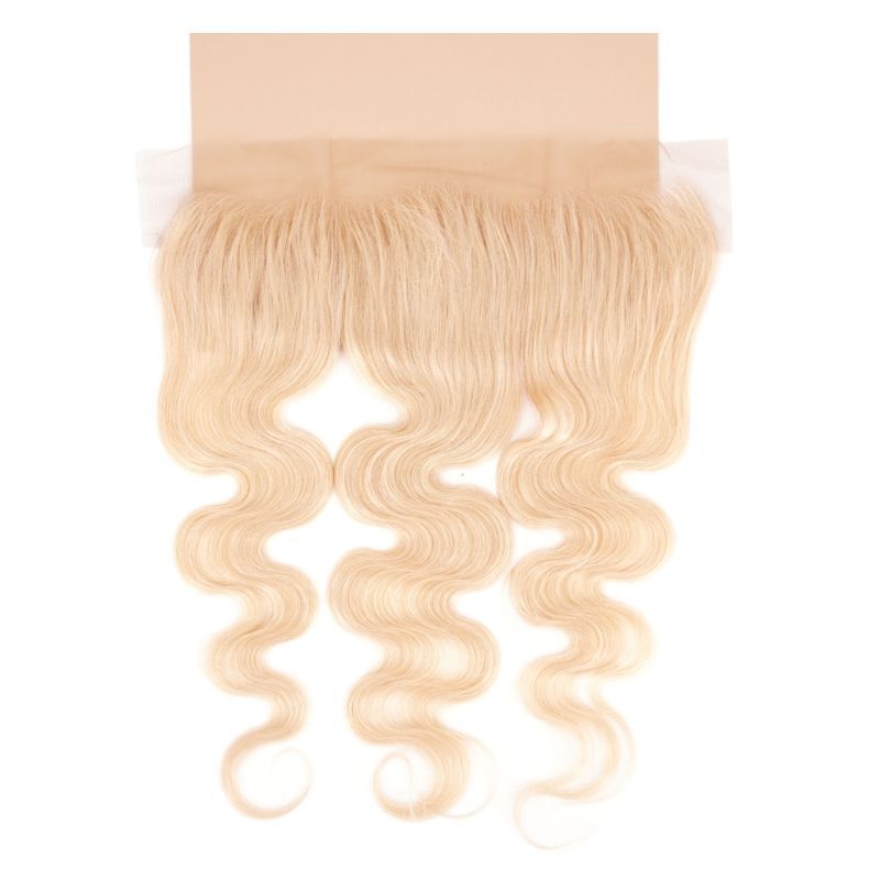 LUSSOBYSB Blonde Body Wave 13x4 Transparent Lace Human Hair Frontal showcases beautiful blonde waves with a transparent lace for seamless styling.
