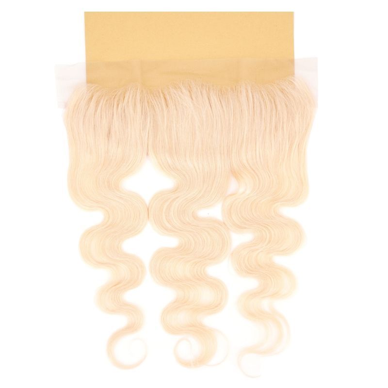 Stylish Blonde Body Wave 13x4 Transparent Lace Human Hair Frontal by LUSSOBYSB, offering a soft body wave texture and ear-to-ear coverage.