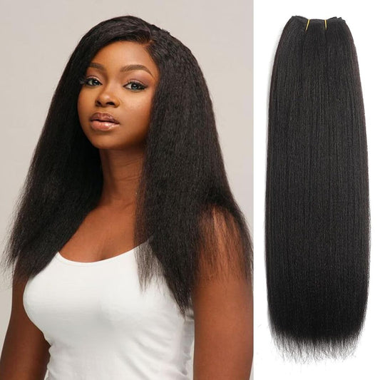 Model showcasing LUSSOBYSB Raw Single Donor Yaki Straight Hair in natural black, featuring 100% single donor bundles. Best seller for kinky straight bundles, light yaki raw hair, and light yaki raw hair bundles, lasting over 5 years.